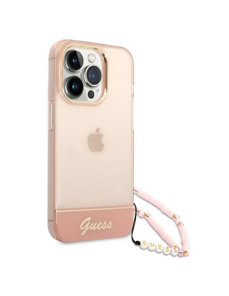 Guess Translucent Pearl Strap dėklas, skirtas iPhone 14 Pro Max - rožinis Guess Translucent Pearl Strap dėklas, skirtas iPhone 14 Pro Max - rožinis