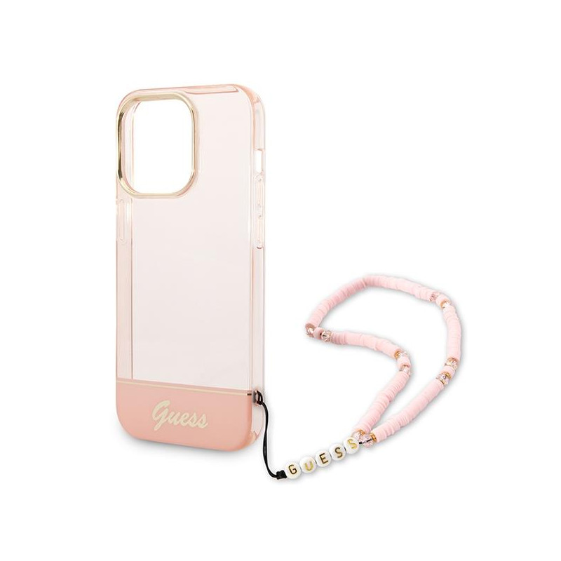 Guess Translucent Pearl Strap dėklas, skirtas iPhone 14 Pro Max - rožinis