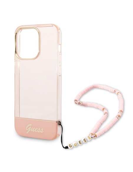 Guess Translucent Pearl Strap dėklas, skirtas iPhone 14 Pro Max - rožinis Guess Translucent Pearl Strap dėklas, skirtas iPhone 14 Pro Max - rožinis