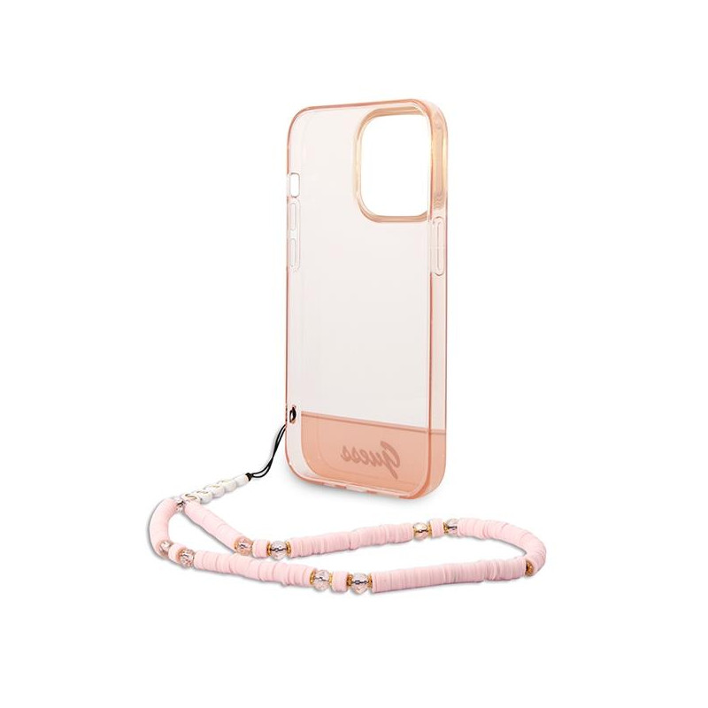 Guess Translucent Pearl Strap dėklas, skirtas iPhone 14 Pro Max - rožinis