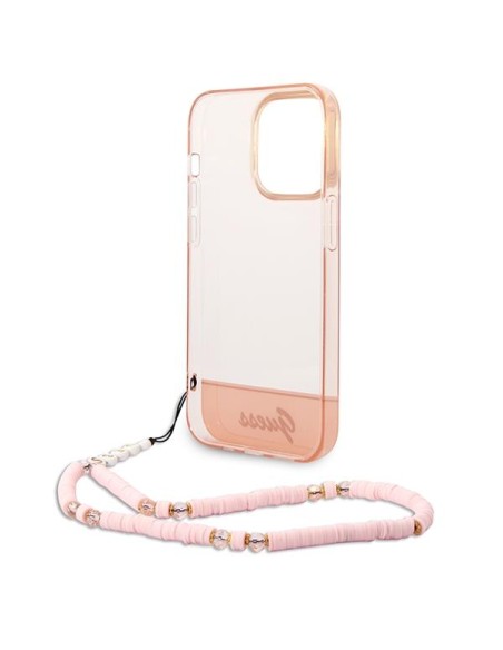 Guess Translucent Pearl Strap dėklas, skirtas iPhone 14 Pro Max - rožinis Guess Translucent Pearl Strap dėklas, skirtas iPhone 14 Pro Max - rožinis