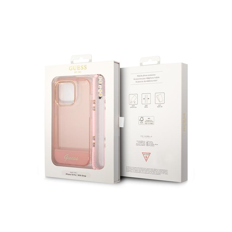 Guess Translucent Pearl Strap dėklas, skirtas iPhone 14 Pro Max - rožinis