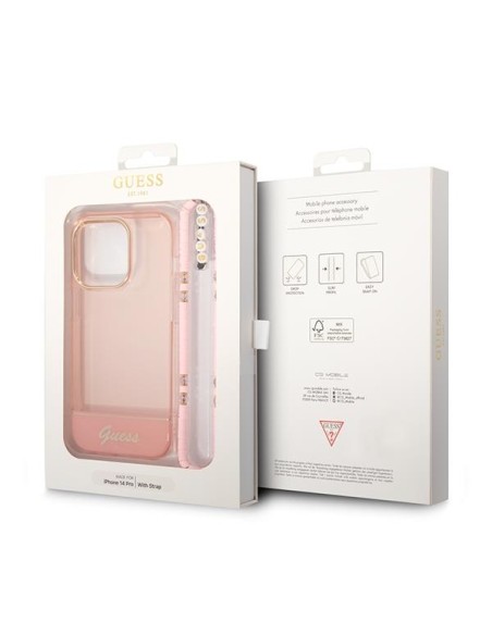 Guess Translucent Pearl Strap dėklas, skirtas iPhone 14 Pro Max - rožinis Guess Translucent Pearl Strap dėklas, skirtas iPhone 14 Pro Max - rožinis
