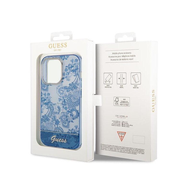 Guess Porcelain Collection dėklas, skirtas iPhone 14 Pro Max - mėlynas