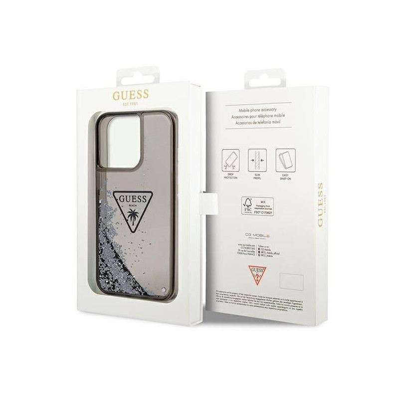 Guess Liquid Glitter Palm Collection dėklas, skirtas iPhone 14 Pro Max - juodas