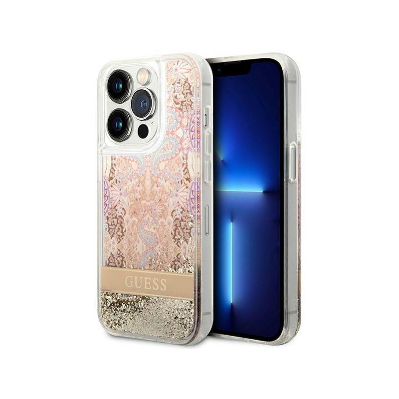 Guess Paisley Liquid Glitter dėklas iPhone 14 Pro Max - auksinis