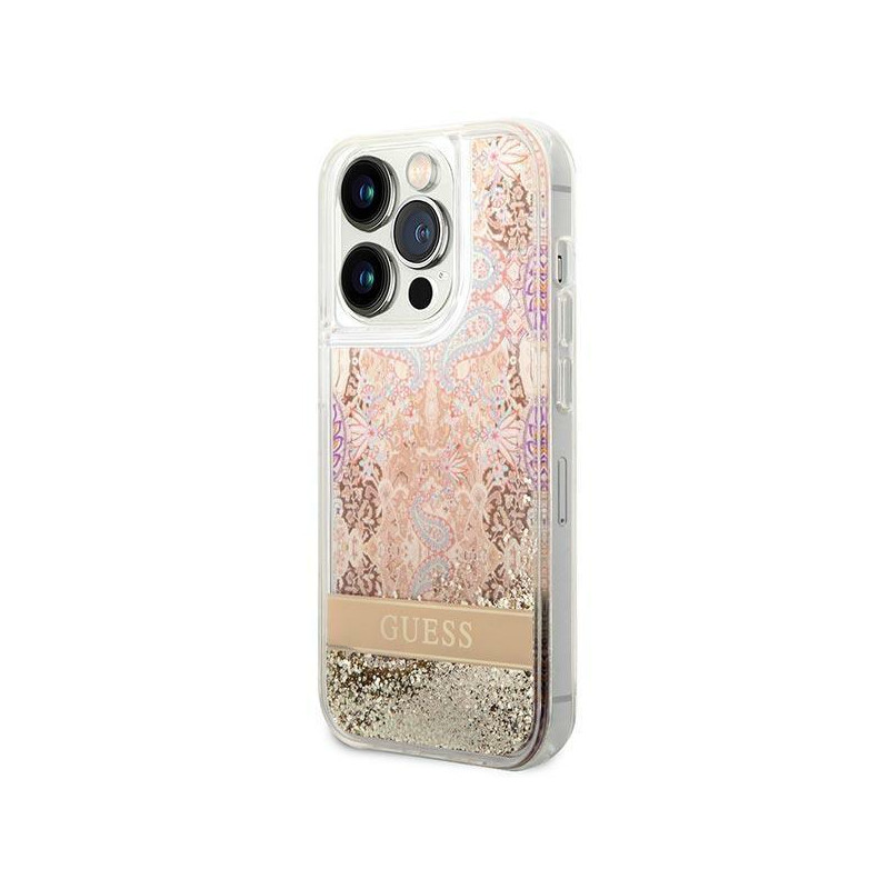 Guess Paisley Liquid Glitter dėklas iPhone 14 Pro Max - auksinis