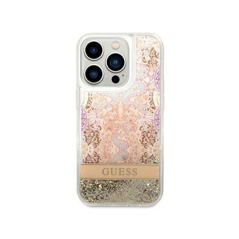 Guess Paisley Liquid Glitter dėklas iPhone 14 Pro Max - auksinis
