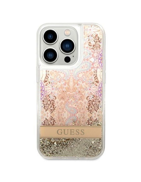 Guess Paisley Liquid Glitter dėklas iPhone 14 Pro Max - auksinis Guess Paisley Liquid Glitter dėklas iPhone 14 Pro Max - auksinis