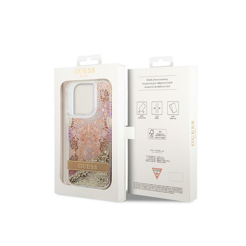 Guess Paisley Liquid Glitter dėklas iPhone 14 Pro Max - auksinis