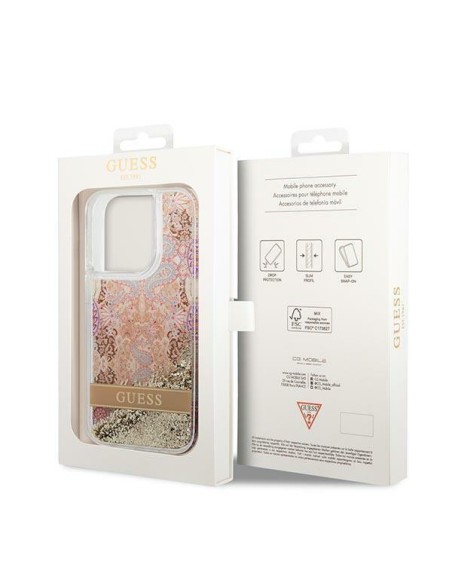 Guess Paisley Liquid Glitter dėklas iPhone 14 Pro Max - auksinis Guess Paisley Liquid Glitter dėklas iPhone 14 Pro Max - auksinis