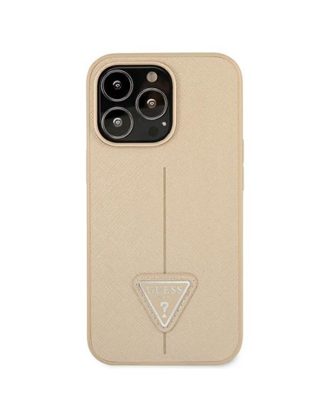 Guess Saffiano Triangle Logo dėklas, skirtas iPhone 14 Pro Max - smėlio spalvos Guess Saffiano Triangle Logo dėklas, skirtas iPhone 14 Pro Max - smėlio spalvos