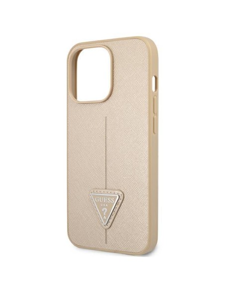 Guess Saffiano Triangle Logo dėklas, skirtas iPhone 14 Pro Max - smėlio spalvos Guess Saffiano Triangle Logo dėklas, skirtas iPhone 14 Pro Max - smėlio spalvos