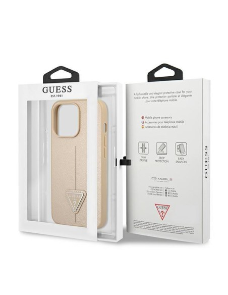 Guess Saffiano Triangle Logo dėklas, skirtas iPhone 14 Pro Max - smėlio spalvos Guess Saffiano Triangle Logo dėklas, skirtas iPhone 14 Pro Max - smėlio spalvos