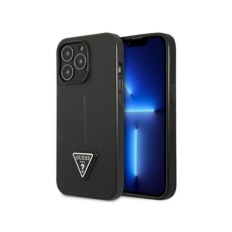Guess Saffiano Triangle Logo dėklas, skirtas iPhone 14 Pro Max - juodas