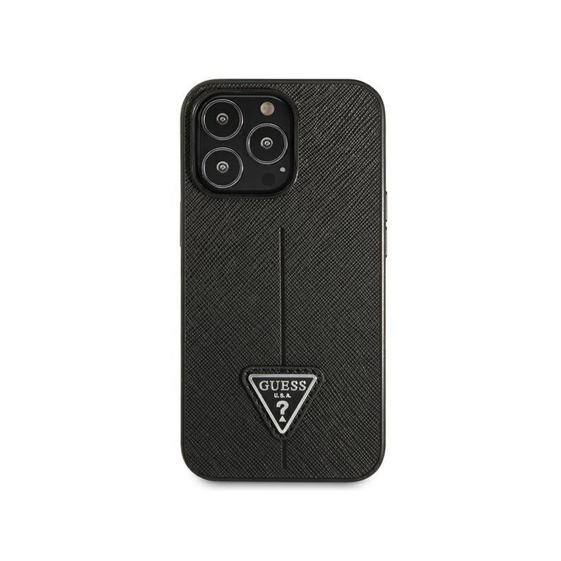 Guess Saffiano Triangle Logo dėklas, skirtas iPhone 14 Pro Max - juodas
