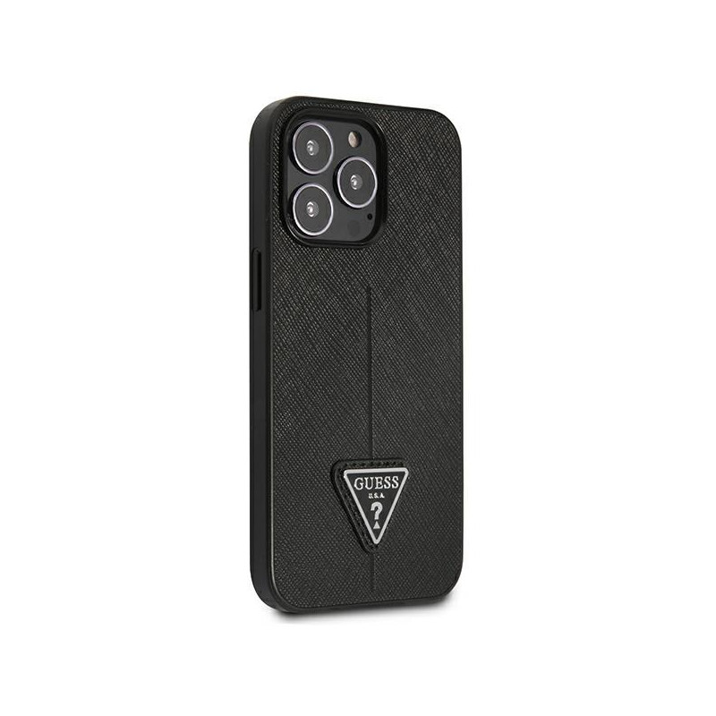 Guess Saffiano Triangle Logo dėklas, skirtas iPhone 14 Pro Max - juodas