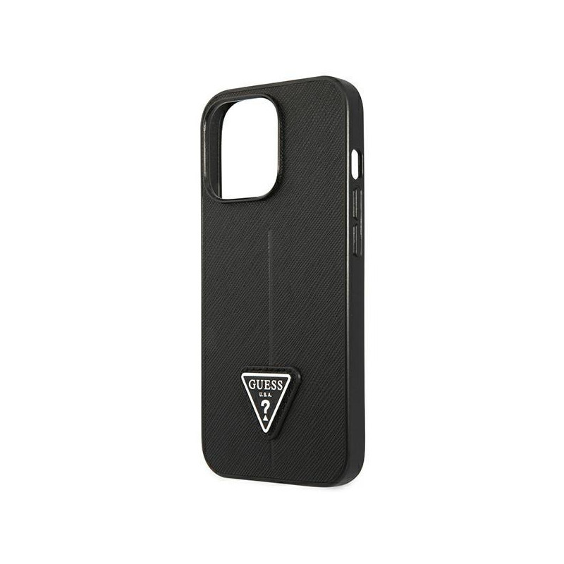 Guess Saffiano Triangle Logo dėklas, skirtas iPhone 14 Pro Max - juodas