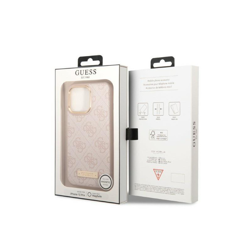 „Guess 4G Logo Plate MagSafe“ dėklas, skirtas „iPhone 13 Pro“ / „iPhone 13“ – rožinis