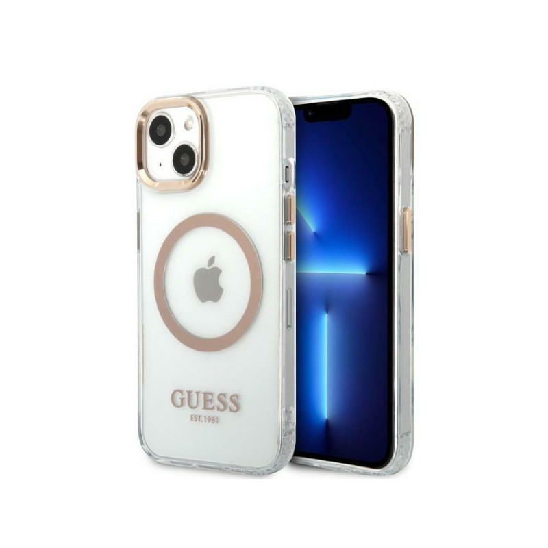 Guess Metal Outline MagSafe dėklas iPhone 13 - auksinis