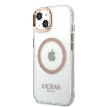 Guess Metal Outline MagSafe dėklas iPhone 13 - auksinis Guess Metal Outline MagSafe dėklas iPhone 13 - auksinis
