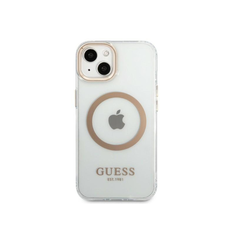 Guess Metal Outline MagSafe dėklas iPhone 13 - auksinis