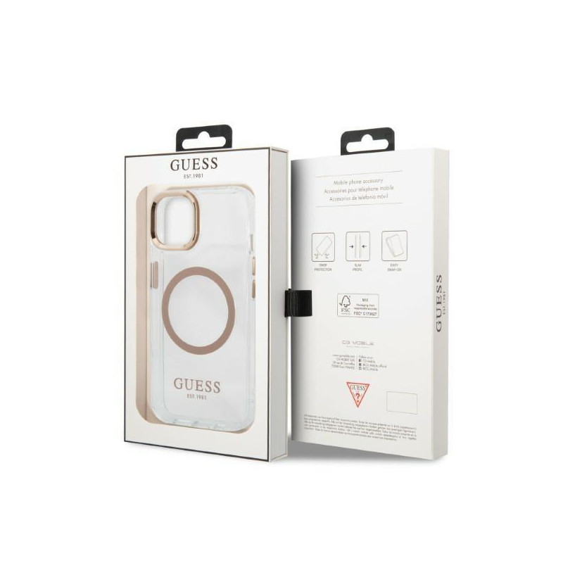 Guess Metal Outline MagSafe dėklas iPhone 13 - auksinis
