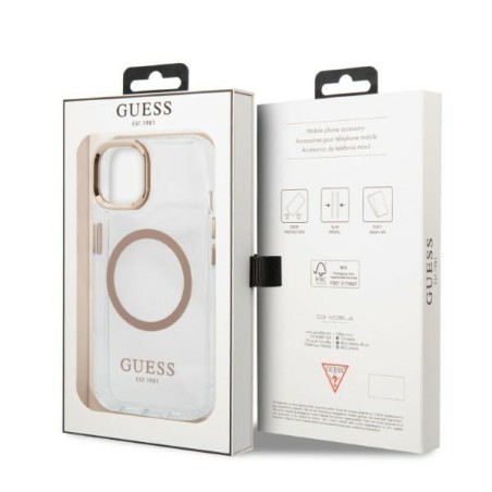 Guess Metal Outline MagSafe dėklas iPhone 13 - auksinis Guess Metal Outline MagSafe dėklas iPhone 13 - auksinis