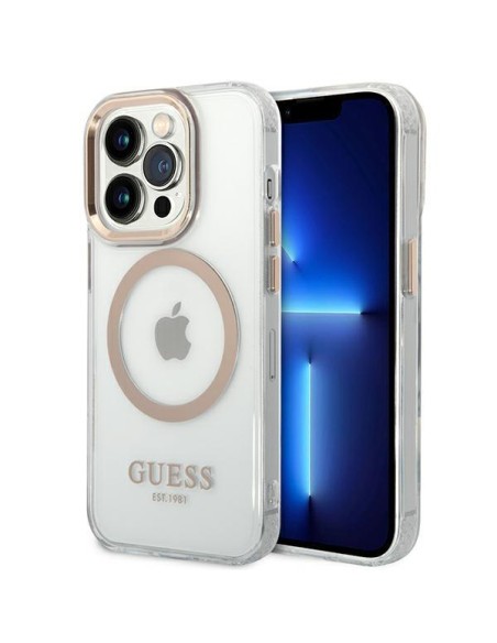 Guess Metal Outline MagSafe dėklas iPhone 14 Pro - auksinis Guess Metal Outline MagSafe dėklas iPhone 14 Pro - auksinis