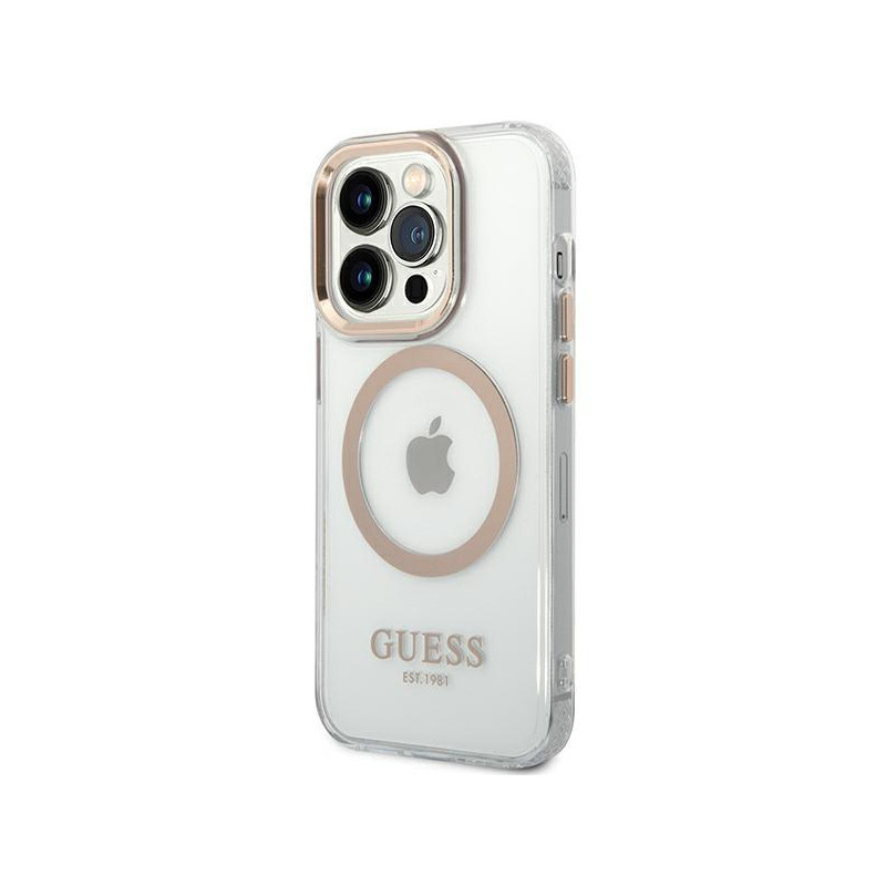 Guess Metal Outline MagSafe dėklas iPhone 14 Pro - auksinis
