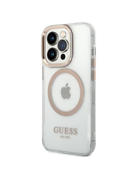 Guess Metal Outline MagSafe dėklas iPhone 14 Pro - auksinis Guess Metal Outline MagSafe dėklas iPhone 14 Pro - auksinis