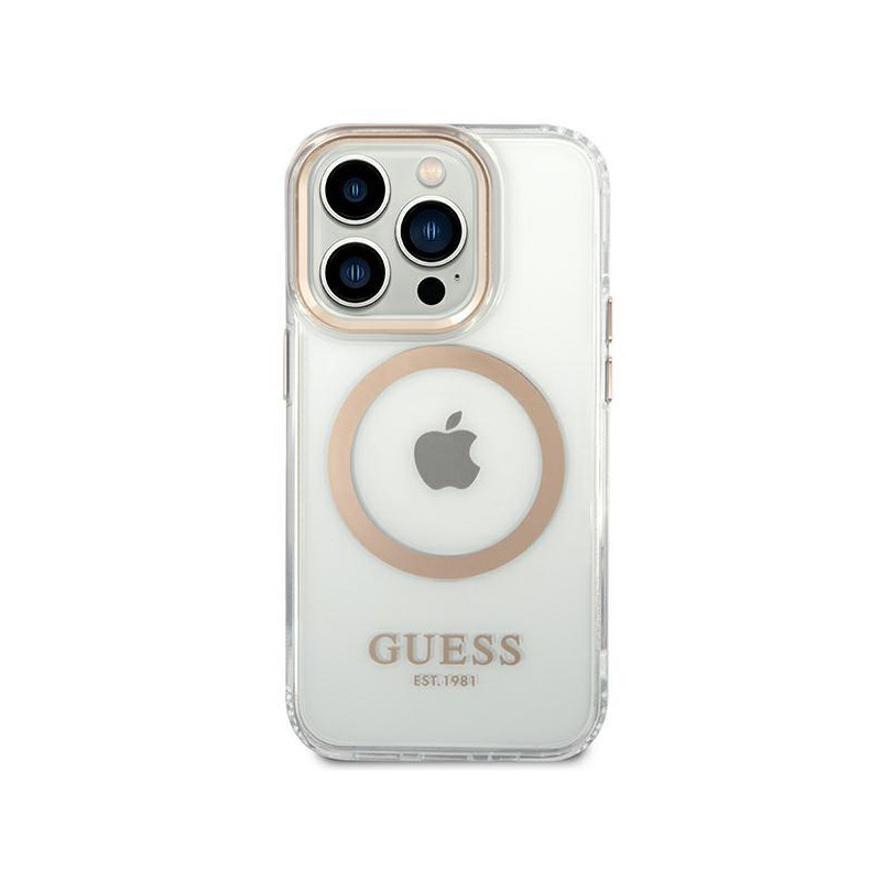 Guess Metal Outline MagSafe dėklas iPhone 14 Pro - auksinis