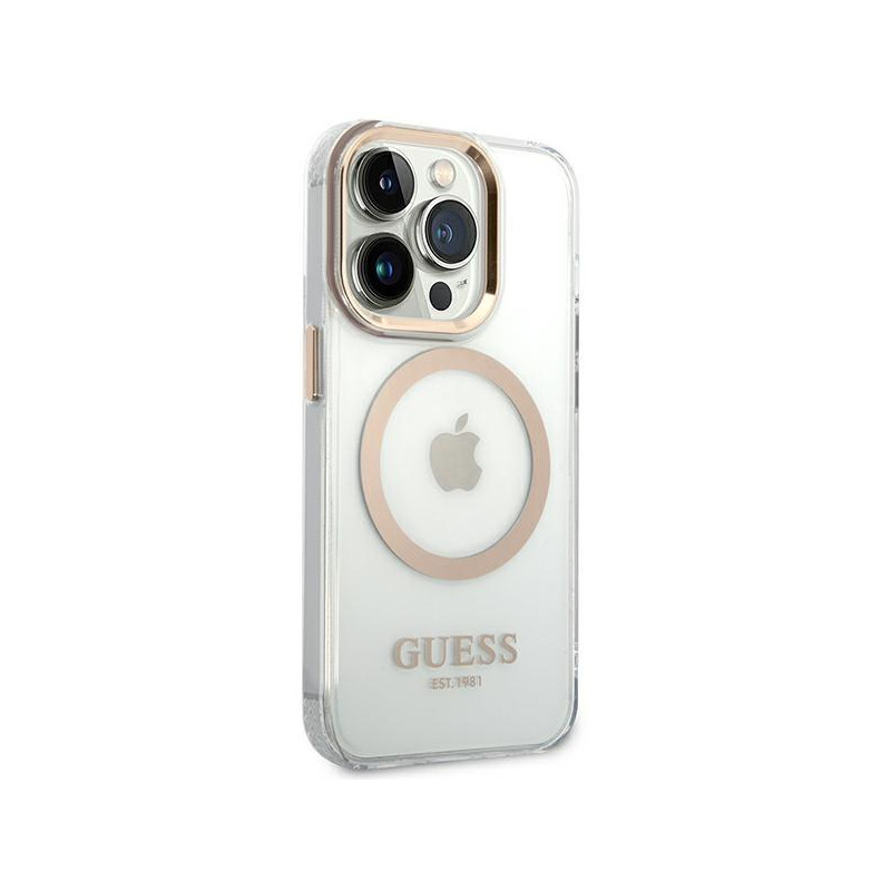 Guess Metal Outline MagSafe dėklas iPhone 14 Pro - auksinis