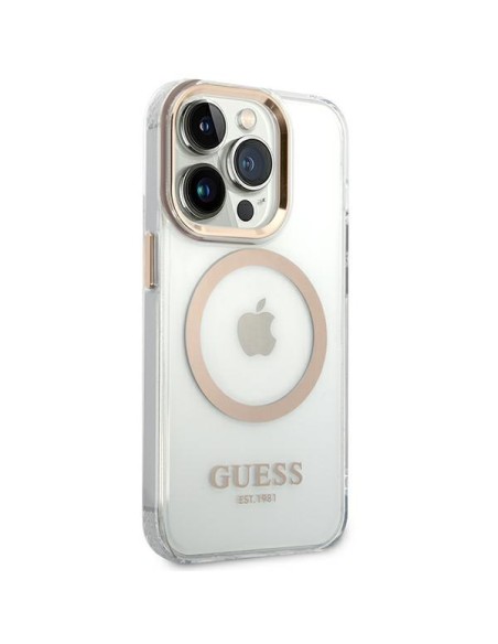 Guess Metal Outline MagSafe dėklas iPhone 14 Pro - auksinis Guess Metal Outline MagSafe dėklas iPhone 14 Pro - auksinis