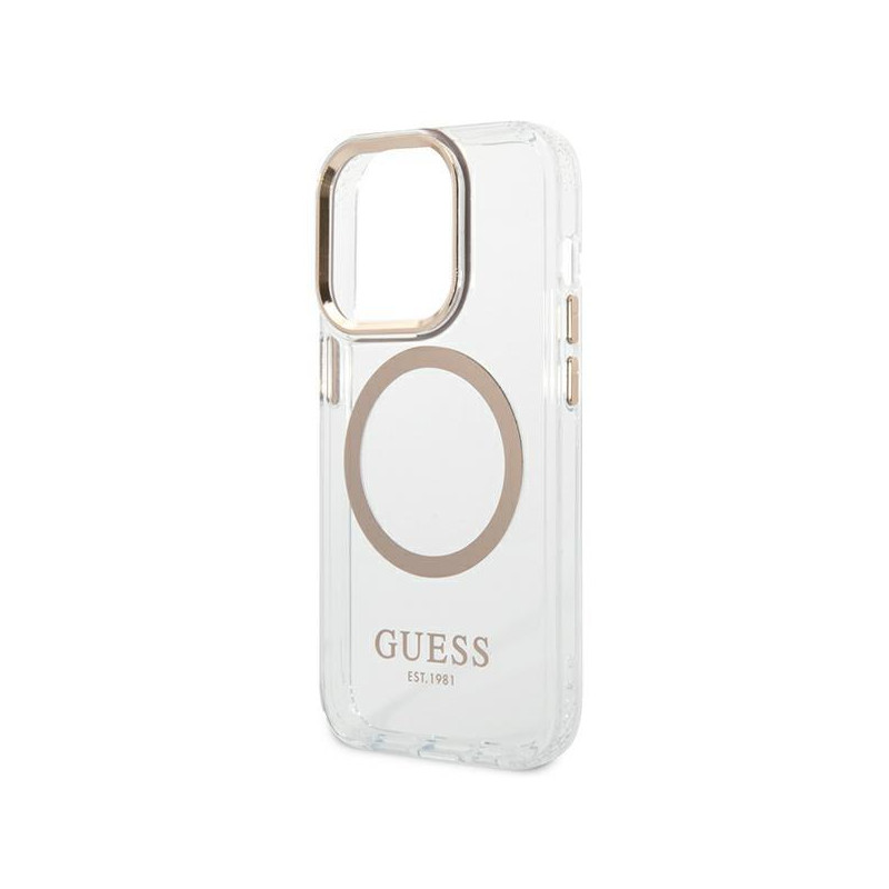 Guess Metal Outline MagSafe dėklas iPhone 14 Pro - auksinis