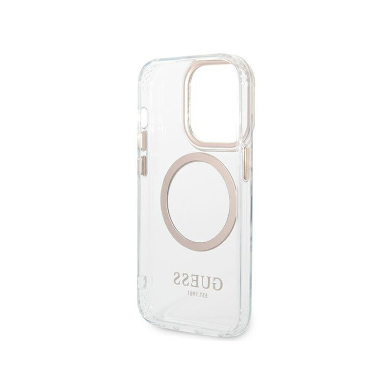 Guess Metal Outline MagSafe dėklas iPhone 14 Pro - auksinis