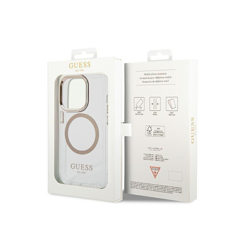 Guess Metal Outline MagSafe dėklas iPhone 14 Pro - auksinis
