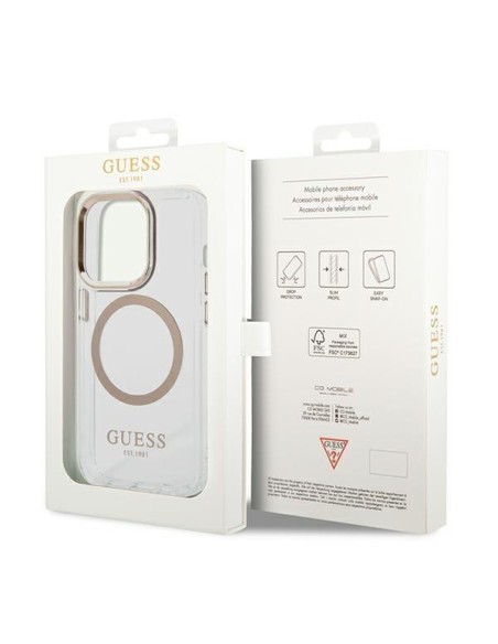 Guess Metal Outline MagSafe dėklas iPhone 14 Pro - auksinis Guess Metal Outline MagSafe dėklas iPhone 14 Pro - auksinis