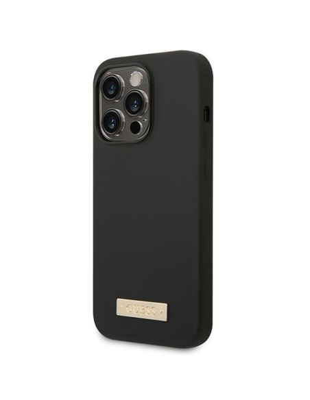 Guess Silicone Logo Plate MagSafe dėklas iPhone 14 Pro - juodas Guess Silicone Logo Plate MagSafe dėklas iPhone 14 Pro - juodas