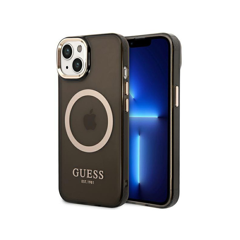 Guess Gold Outline permatomas MagSafe dėklas, skirtas iPhone 14 Plus - juodas