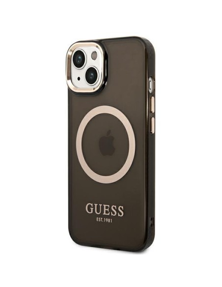 Guess Gold Outline permatomas MagSafe dėklas, skirtas iPhone 14 Plus - juodas Guess Gold Outline permatomas MagSafe dėklas, skirtas iPhone 14 Plus - juodas