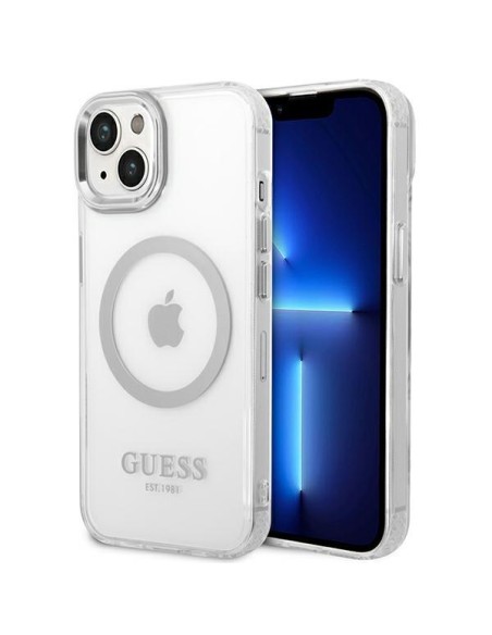 Guess Metal Outline MagSafe dėklas iPhone 14 Plus - sidabrinis Guess Metal Outline MagSafe dėklas iPhone 14 Plus - sidabrinis