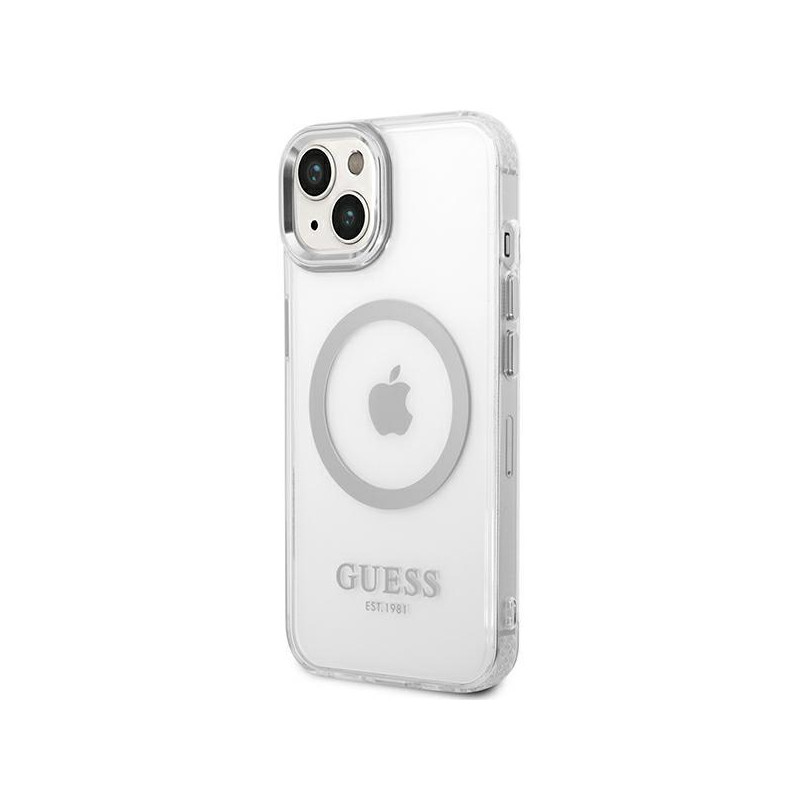 Guess Metal Outline MagSafe dėklas iPhone 14 Plus - sidabrinis