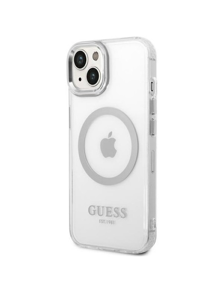 Guess Metal Outline MagSafe dėklas iPhone 14 Plus - sidabrinis Guess Metal Outline MagSafe dėklas iPhone 14 Plus - sidabrinis
