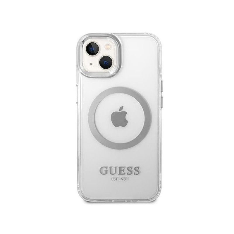 Guess Metal Outline MagSafe dėklas iPhone 14 Plus - sidabrinis