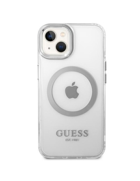Guess Metal Outline MagSafe dėklas iPhone 14 Plus - sidabrinis Guess Metal Outline MagSafe dėklas iPhone 14 Plus - sidabrinis