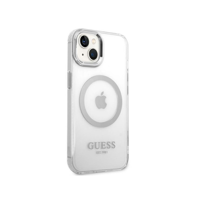 Guess Metal Outline MagSafe dėklas iPhone 14 Plus - sidabrinis