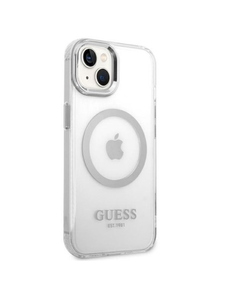 Guess Metal Outline MagSafe dėklas iPhone 14 Plus - sidabrinis Guess Metal Outline MagSafe dėklas iPhone 14 Plus - sidabrinis