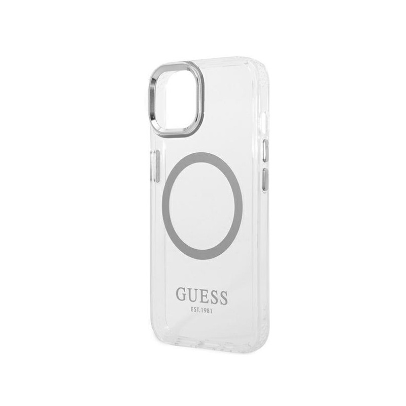 Guess Metal Outline MagSafe dėklas iPhone 14 Plus - sidabrinis