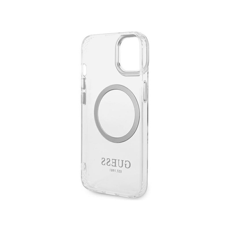 Guess Metal Outline MagSafe dėklas iPhone 14 Plus - sidabrinis